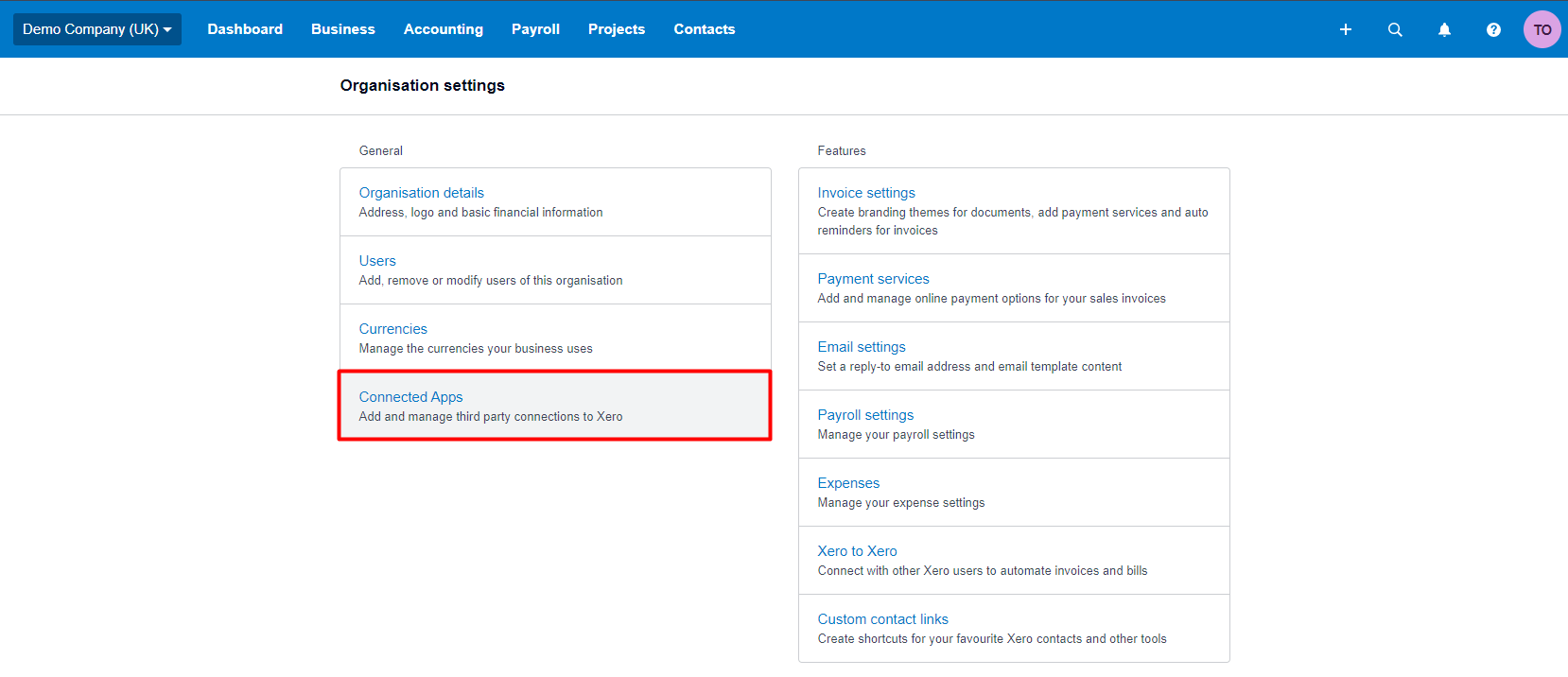 Connected Apps setting in Xero