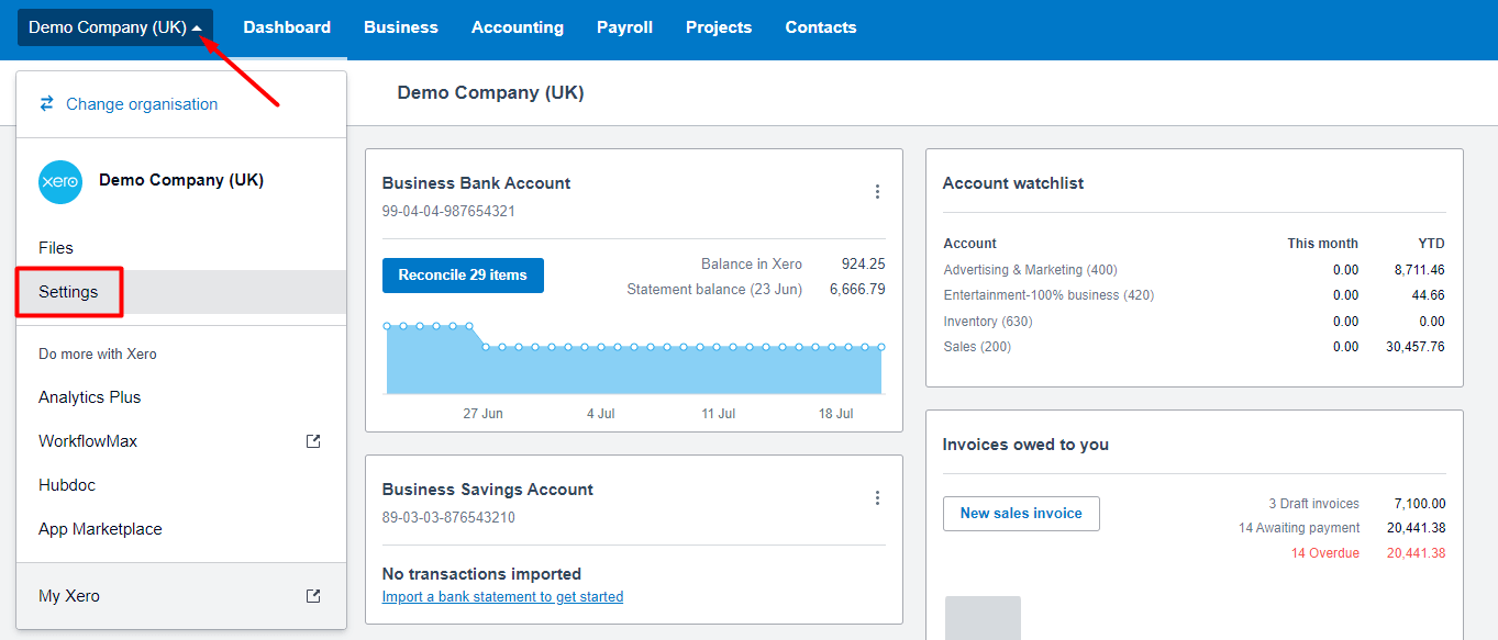 Xero Organization settings