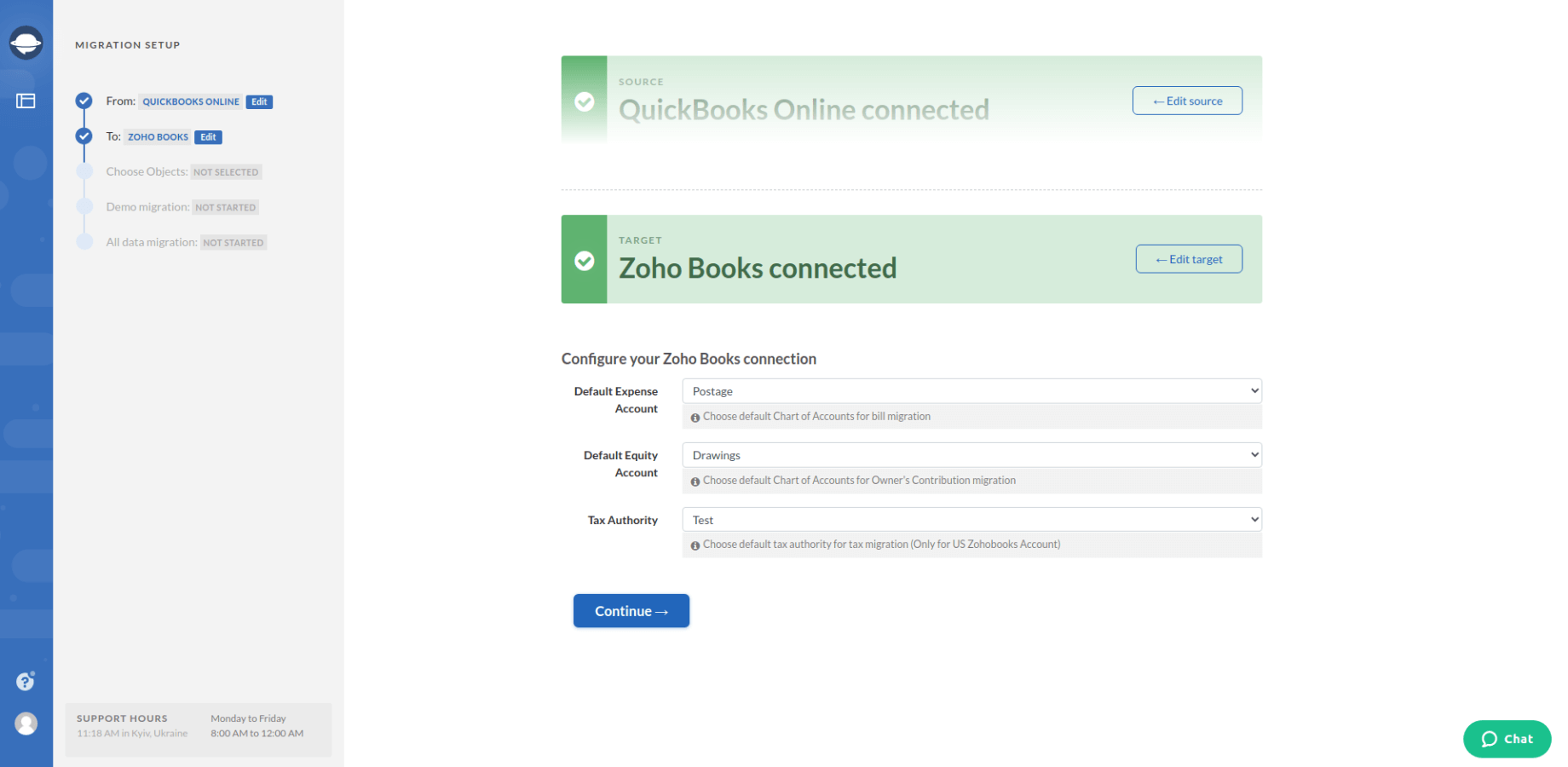 Zoho Books Migration Configure Connection