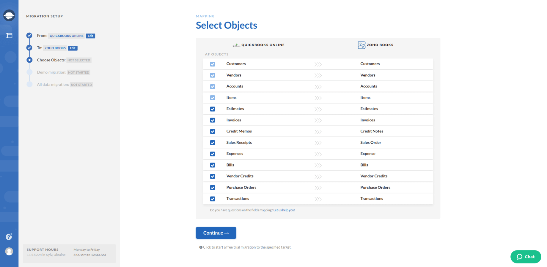 Zoho Books Migration Select Object