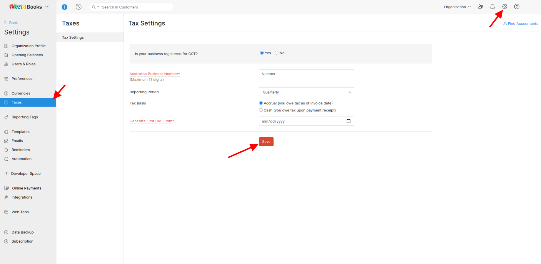 Zoho Books Tax Settings