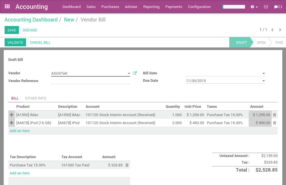 Vendor Bill Odoo Accounting