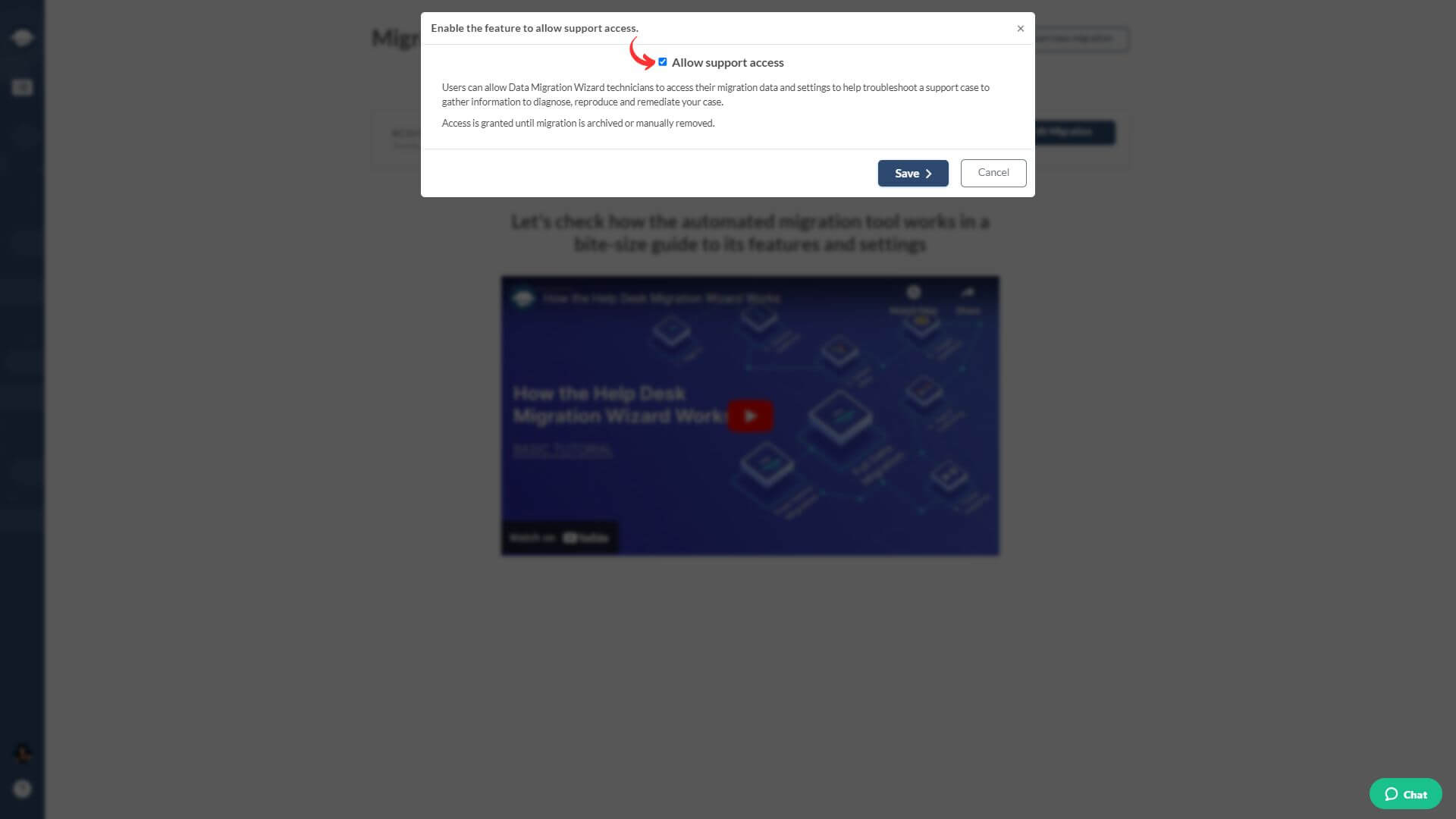 Allow Support Access Migration Wizard