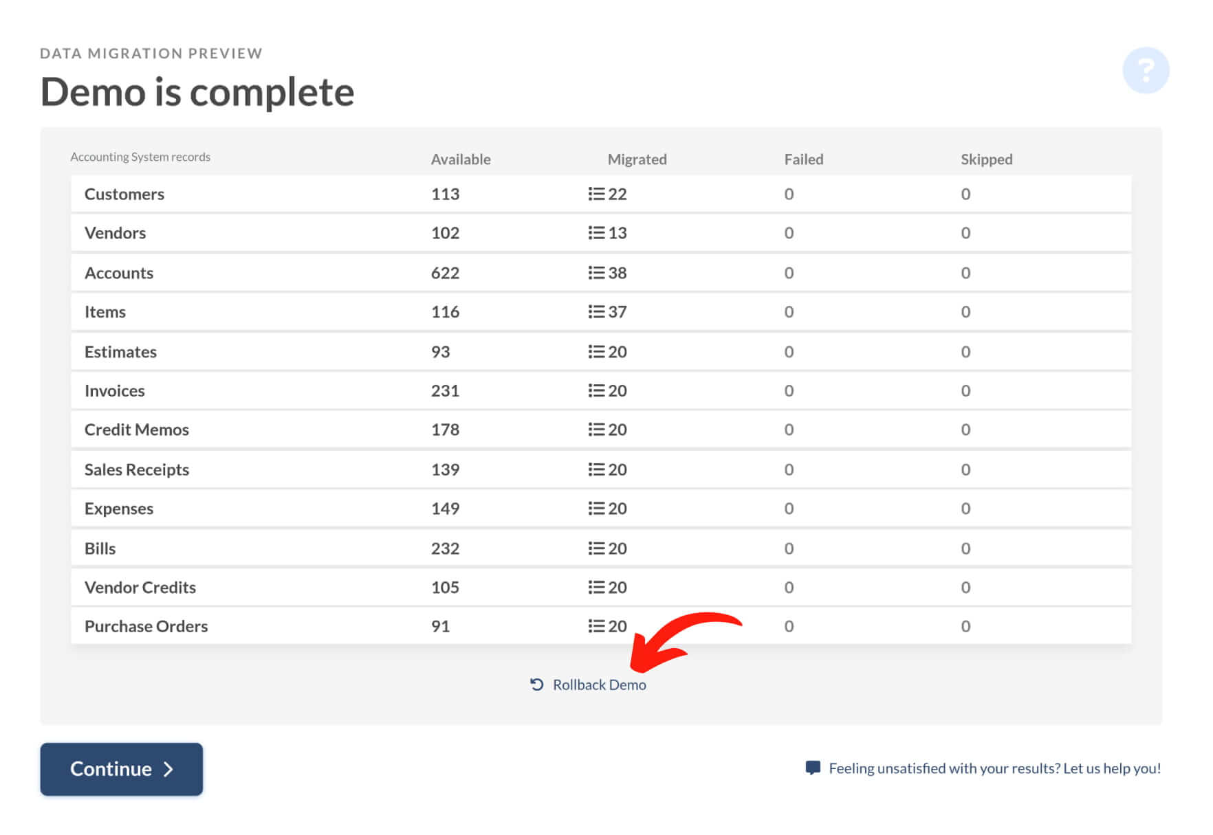 Rollback Demo - Accounting Data Migration Wizard