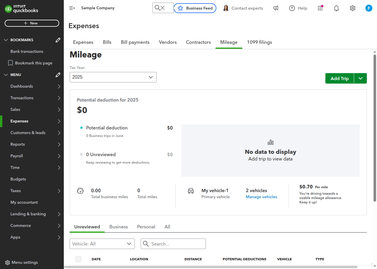 Mileage QuickBooks Online
