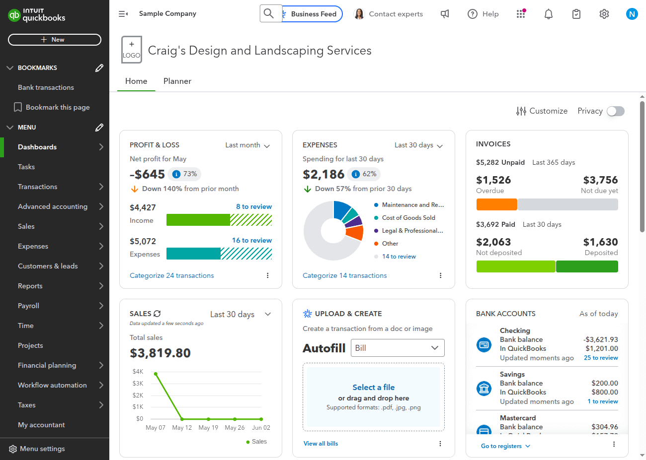 QuickBooks Online Dashboard