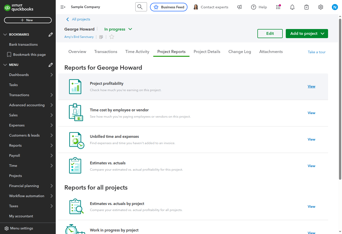 QuickBooks Online Project Profitability